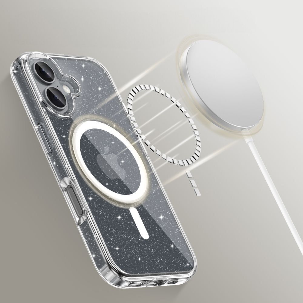 Etui Tech-Protect Flexair Hybrid do MagSafe do iPhone 16, przezroczyste z brokatem